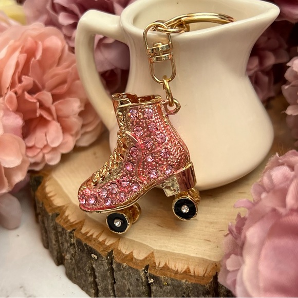 Pink and Gold Crystal Roller Skate Keychain Charm - Picture 4 of 16